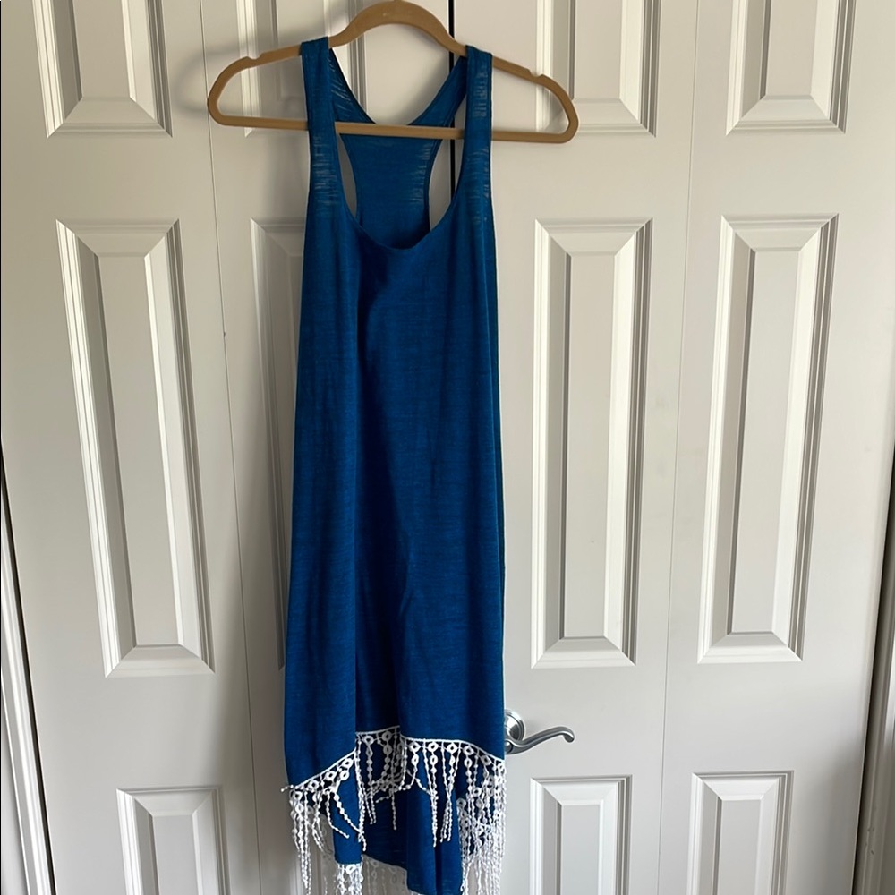 Lucky Brand Blue dress coverup with White Fringe